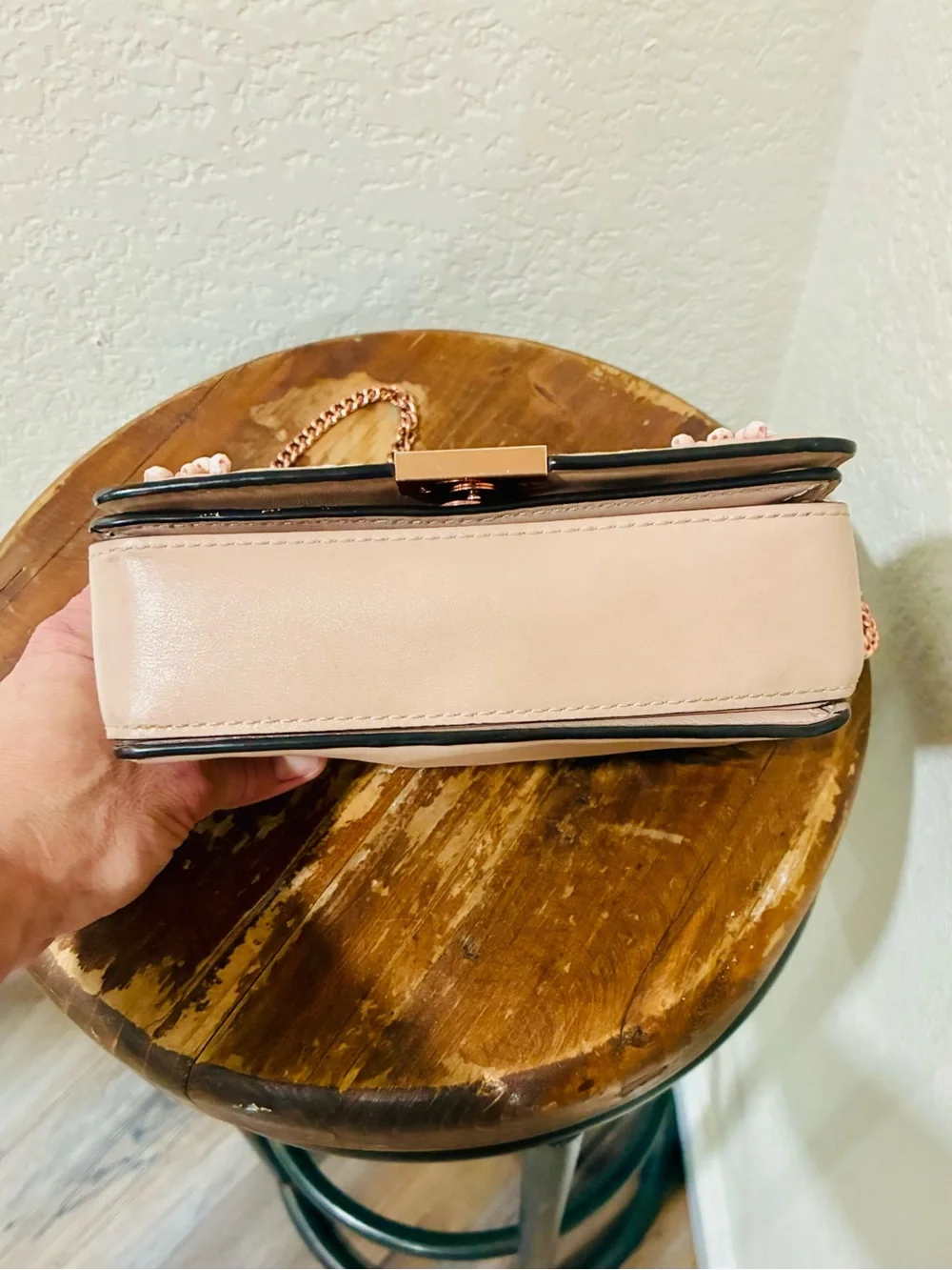 Michael Kors Jade Medium Gusset Blush Pink Gold Chain Beads Crossbody Handbag